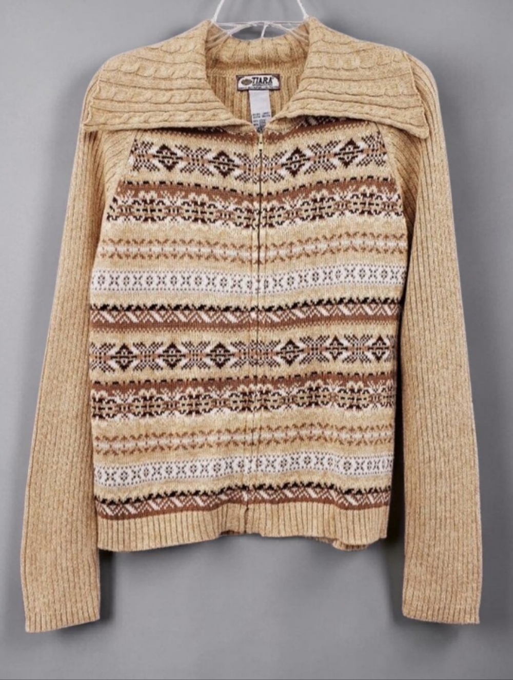 Vtg Tiara Intl Cardigan Size XL Tan Fairisle Knit Full Zip Wide Collar Nordic